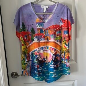 Ellen Negley Venice Italy Purple V-Neck Wearable Art Top Lace Detail NWOT SZ PXL